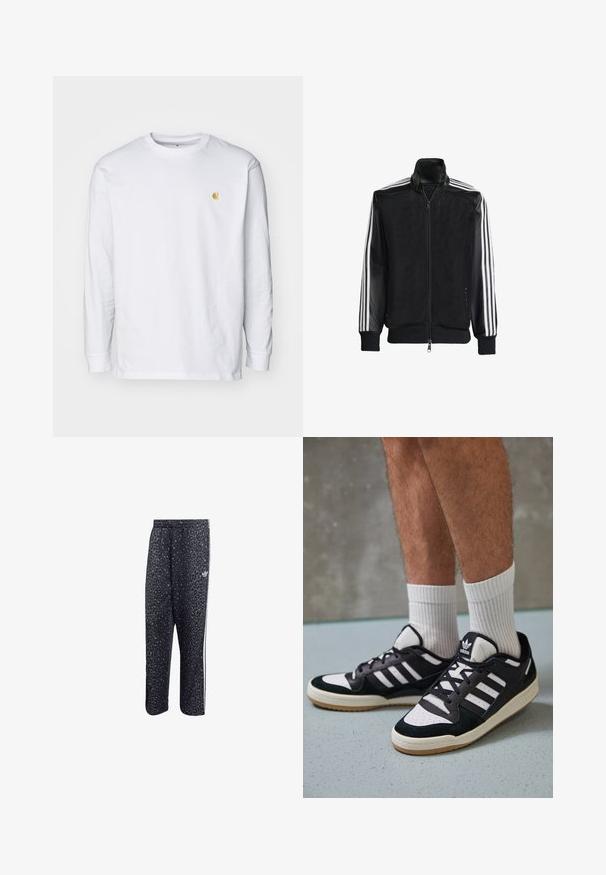 Jaqueta de malha preta com fecho zip, apresentando mangas pretas sólidas e três riscas brancas ao longo dos braços. Punhos e bainha canelados.; Camisola de manga longa branca feita de algodão. Apresenta um pequeno logótipo dourado no peito e um decote redondo. Design simples e ajuste padrão.; Calças atléticas pretas com um padrão de estampa de leopardo, apresentando um design de três riscas brancas e um logotipo de marca atlética na lateral.; Ténis em preto e branco com upper em camurça e couro, apresentando três riscas brancas, um toe perfurado e uma sola em borracha de goma.