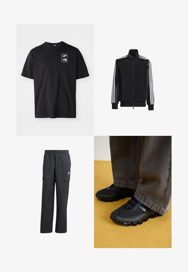 Black mesh jacket with a zip front, featuring solid black sleeves and three white stripes along the arms. Ribbed cuffs and hem.; Black cotton t-shirt with short sleeves, round neckline, featuring a white graphic logo in a rectangular frame on the left chest area.; Black cargo pants with an elastic waistband, two side pockets, and a subtle logo on the left thigh. Made from a lightweight fabric.; Black athletic shoes with a mesh upper, curved sole, and distinctive rounded accents. Paired with dark, loose-fitting pants.