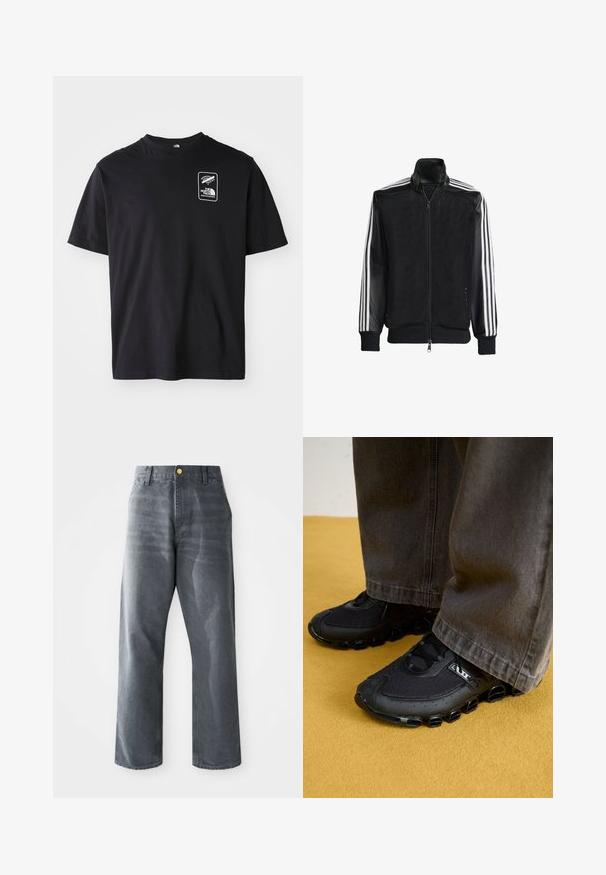 Jachetă din plasă neagră, cu fermoar față, având mâneci negre solide și trei dungi albe pe brațe. Manșete și tiv cu nervuri.; Tricou negru din bumbac cu mâneci scurte, decolteu rotund, având un logo grafic alb într-un cadru rectangular pe partea stângă a pieptului.; Jeanși din denim gri pentru bărbați, cu croială lejeră și picioare largi, dotati cu buzunare frontale și un buton auriu vizibil pe talie.; Pantofi atletici negri cu un superior din plasă, talpă curbată și accente rotunjite distinctive. Asortați cu pantaloni închiși la culoare, largi.