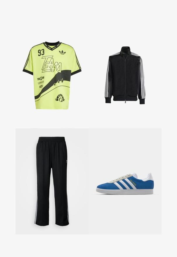 Jaqueta de malha preta com fecho zip, apresentando mangas pretas sólidas e três riscas brancas ao longo dos braços. Punhos e bainha canelados.; Camisola de desporto verde limão com detalhes em preto, apresentando estampas gráficas, gola redonda, mangas curtas e vários logótipos de patrocínio.; Calças atléticas pretas com um cós elástico, apresentando riscas brancas laterais e um pequeno logótipo. O material parece macio e leve.; adidas Originals ADIDAS GAZELLE SHOES - Botas de futebol de salão - real madrid/bluebird/footwear white/crew yellow