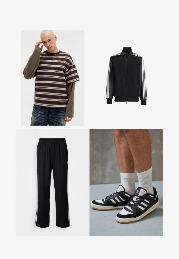 Zwarte maillotjas met een rits aan de voorkant, met stevige zwarte mouwen en drie witte strepen langs de armen. Geribbelde manchetten en zoom.; Bruin en beige gestreepte kortekorte mouw shirt met een gelaagde lange mouw basis. Zachte textuur, losse pasvorm en ronde hals. Zilveren accessoires zichtbaar.; Zwarte sportbroeken met een elastische tailleband, voorzien van witte zijkanten en een klein logo. Het materiaal lijkt zacht en lichtgewicht te zijn.; Zwart-witte sneakers met een bovenwerk van suede en leer, voorzien van drie witte strepen, een geperforeerde neus en een rubberen gumzool.