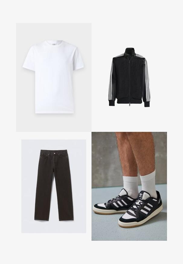 Jaqueta de malha preta com fecho zip, apresentando mangas pretas sólidas e três riscas brancas ao longo dos braços. Punhos e bainha canelados.; T-shirt branca de algodão com decote redondo e mangas curtas. Design simples sem padrões ou gráficos, apresentando a marca GAP no colarinho.; Jeans de ganga preta com um design de perna reta, cinco bolsos e costuras de cor cobre. Textura suave, fecho clássico com botão na cintura.; Ténis em preto e branco com upper em camurça e couro, apresentando três riscas brancas, um toe perfurado e uma sola em borracha de goma.