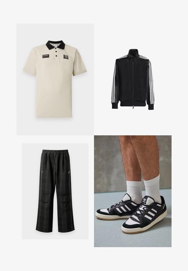 Giacca nera in rete con zip frontale, dotata di maniche nere solide e tre strisce bianche lungo le braccia. Polsini e orlo a coste.; Polo beige realizzato in tessuto morbido, con colletto nero, tre bottoni e un'etichetta grafica sul petto sinistro in nero e rosso.; Pantaloni a quadri neri con vita elasticizzata, due tasche frontali e una vestibilità ampia con design a gamba dritta. Realizzati in materiale leggero.; Sneaker bianco e nero con tomaia in suede e pelle, caratterizzati da tre strisce bianche, punta perforata e suola in gomma naturale.