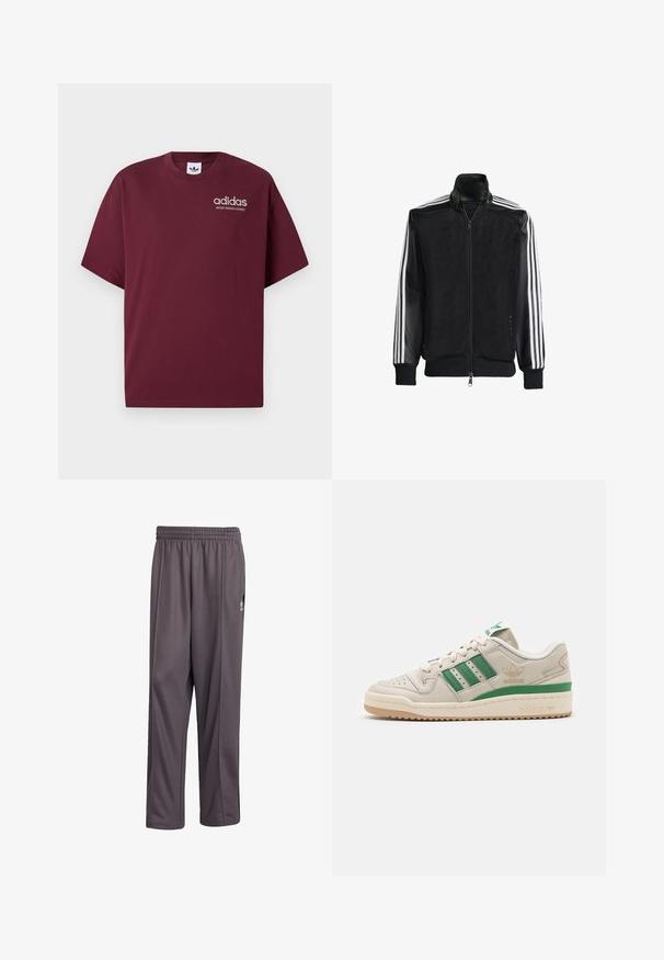 Juodas permatomas džemperis su užtrauktuku priekyje, turintis vientisas juodas rankoves ir tris baltas juostas ant rankų. Raukšlėtos rankogaliai ir apatinė dalis.; Burgundijos trumpomis rankovėmis marškinėliai, pagaminti iš medvilnės. Turi apvalų kaklą ir mažą baltą "adidas" logotipą su užrašu "SPORT DESIGN STUDIO" po juo.; Pilkos sportinės kelnės, pagamintos iš lengvos medžiagos. Savybės - elastinga juosmens juosta ir tiesus kirpimas. Yra mažas logotipas šone.; Adidas sportbačiai su kreminės spalvos odiniu viršumi, žaliais dryžiais ir guminėmis padangomis. Yra paminkštinta apykaklė ir perforuota nosis, užtikrinanti oro pralaidumą.