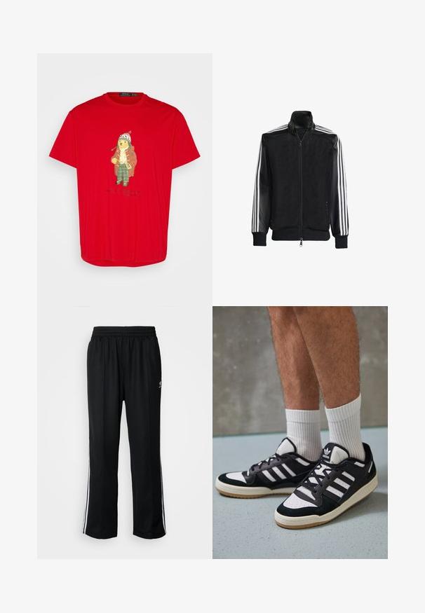 Crna mrežasta jakna s patentnim zatvaračem sprijeda, koja ima čvrste crne rukave i tri bijele pruge duž ruku. Riblje manžetne i rub.; Polo Ralph Lauren Big & Tall POLO BEAR JERSEY T-SHIRT - Majica kratkih rukava s printom - red; Crne sportske hlače s elastičnom trakom oko struka, s bijelim bočnim prugama i malim logotipom. Materijal izgleda mekan i lagan.; Crne i bijele tenisice s gornjim dijelom od antilopa i kože, s tri bijele pruge, perforiranim prstom i gumiranim potplatom.