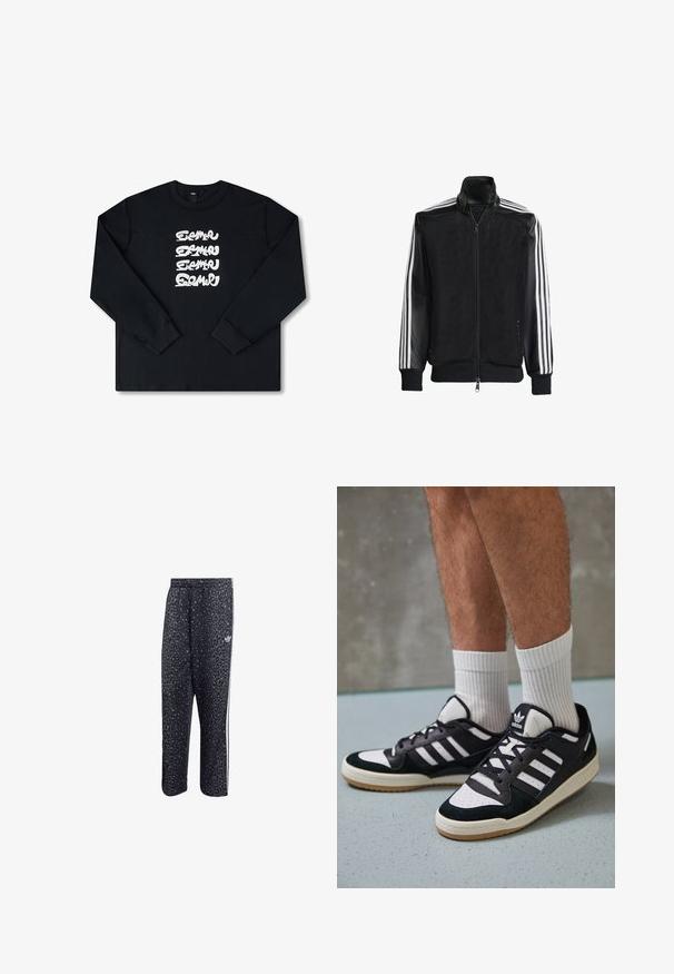 Black mesh jacket with a zip front, featuring solid black sleeves and three white stripes along the arms. Ribbed cuffs and hem.; Black long-sleeve sweatshirt featuring a white repeated graphic logo in stylized lettering across the front. Made of soft fabric.; Black athletic pants with a leopard print pattern, featuring a white three-stripe design and an athletic brand logo on the side.; Black and white sneakers with a suede and leather upper, featuring three white stripes, a perforated toe, and a gum rubber sole.