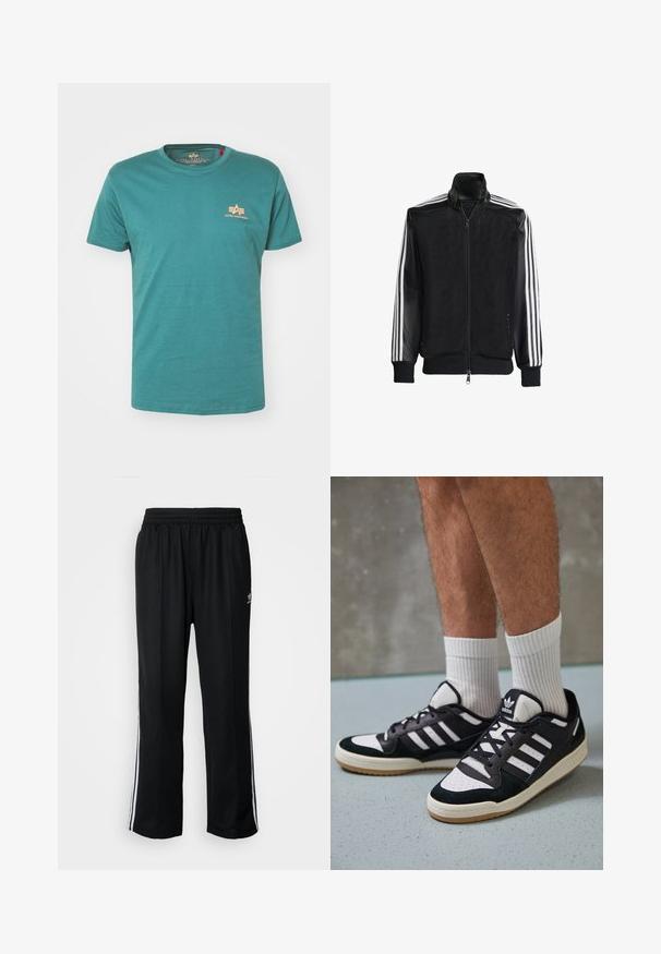 Černá síťovaná bunda na zip, s celými černými rukávy a třemi bílými pruhy podél rukávů. Hladké manžety a lem.; Tyrkysové bavlněné tričko s kulatým výstřihem, krátkými rukávy a malým oranžovým logem na levé části hrudi. Hladká textura, ležérní design.; Černé sportovní kalhoty s elastickým pasem, s bílými bočními pruhy a malým logem. Materiál vypadá měkce a lehce.; Černobílé tenisky s vrchní částí z semišové a kožené kůže, včetně tří bílých pruhů, perforovaného špičky a podrážky z gumy.