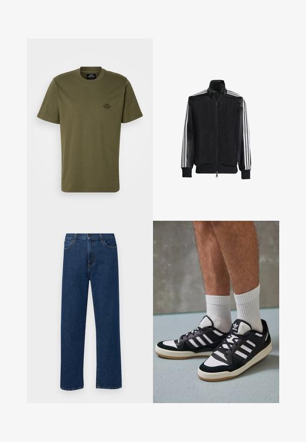 Melna režģa jakas ar rāvējslēdzēja priekšpusi, kam ir viendabīgas melnas piedurknes un trīs baltas svītras gar rokām. Ribota aproce un apakša.; Olive krāsas īsām piedurknēm T-krekls, kas izgatavots no kokvilnas, ar apaļu dekoltē un mazu izšūtu logotipu kreisajā krūtī. Gluda dabiskā tekstūra.; Tumši zilas taisnas kājas denim bikses ar priekšējām kabatām un pogu aizdari, izvietotas uz vienkārša baltā fona.; Melnas un baltas kedas ar zamša un ādas augšdaļu, kas aprīkotas ar trim baltām svītrām, perforētu purngali un gumijas zolēm.