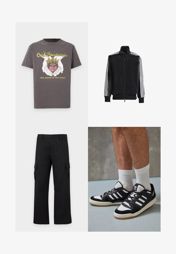 Chaqueta de malla negra con cierre de cremallera en la parte delantera, que presenta mangas negras sólidas y tres rayas blancas a lo largo de los brazos. Puños y dobladillo acanalados.; Camiseta de algodón gris con un gráfico central de manos sosteniendo un corazón en llamas, con texto impreso arriba y abajo en colores amarillo y rosa.; Pantalones cargo negros con un diseño de pierna recta. Fabricados con un tejido duradero, cuentan con dos bolsillos laterales con cierres de solapa y una cremallera de botón.; Zapatillas en blanco y negro con parte superior de ante y cuero, que presentan tres franjas blancas, una puntera perforada y una suela de goma.
