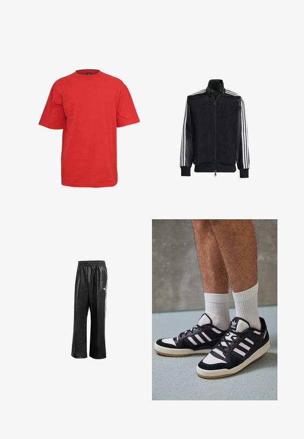 Črna mrežasta jakna z zadrgo spredaj, s trdnimi črnimi rokavi in tremi belimi črtami vzdolž rokavov. Rebrasti robovi in spodnji del.; Rdeča bombažna majica s kratek rokavi, okroglo ovratnikom in ohlapnim krojem. Ima enotno barvo brez vzorcev ali dodatkov.; Črne sintetične športne hlače z elastičnim pasom, z belimi stranskimi črtami in s majhnim belim logotipom na levem kolku.; Črno-bele superge z zgornjim delom iz usnja in nubuka, ki imajo tri bele črte, perforiran vrh prstov in podplat iz gume.