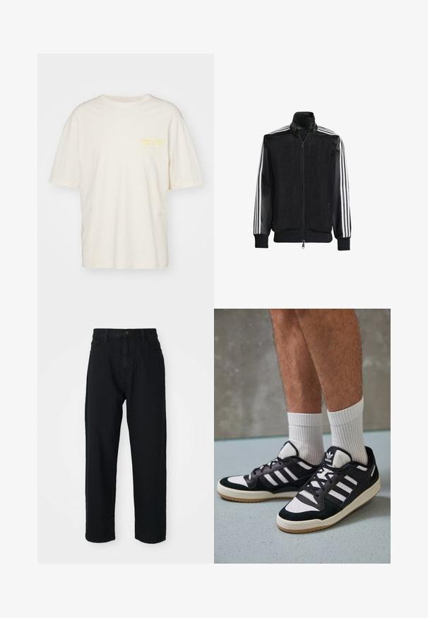 Black mesh jacket with a zip front, featuring solid black sleeves and three white stripes along the arms. Ribbed cuffs and hem.; Jack & Jones JORMERCADO TEE SS CREW NECK - Print T-shirt - buttercream; Black denim pants with a straight-leg cut. Features classic five-pocket design, button closure, and subtle fabric texture.; Black and white sneakers with a suede and leather upper, featuring three white stripes, a perforated toe, and a gum rubber sole.