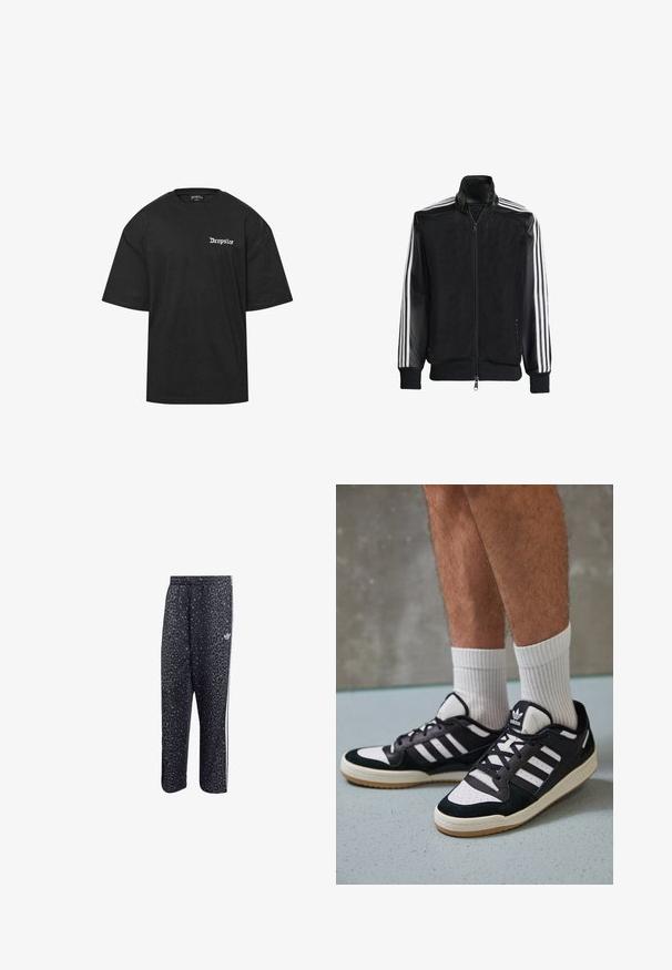 Černá síťovaná bunda na zip, s celými černými rukávy a třemi bílými pruhy podél rukávů. Hladké manžety a lem.; Černé bavlněné tričko s kulatým výstřihem a krátkými rukávy. Na levé straně hrudi se nachází bílé text „Dropsize“. Jednoduchý a pohodlný střih.; Černé sportovní kalhoty s leopardím vzorem, obsahující bílý design se třemi pruhy a logo sportovní značky na boku.; Černobílé tenisky s vrchní částí z semišové a kožené kůže, včetně tří bílých pruhů, perforovaného špičky a podrážky z gumy.