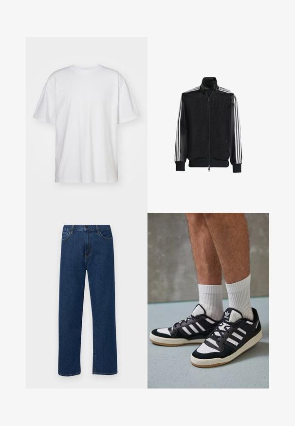 Črna mrežasta jakna z zadrgo spredaj, s trdnimi črnimi rokavi in tremi belimi črtami vzdolž rokavov. Rebrasti robovi in spodnji del.; Carhartt WIP DUSTER SCRIPT - Navadna majica - white; Temno modri jeans ravne krojenje z naprsnimi žepi in gumbom za zapiranje, prikazani na enostavni beli podlagi.; Črno-bele superge z zgornjim delom iz usnja in nubuka, ki imajo tri bele črte, perforiran vrh prstov in podplat iz gume.