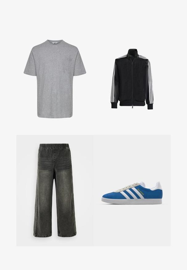 Svart mesh-jakke med glidelås foran, med solide svarte ermer og tre hvite striper langs armene. Ribbestrikkede mansjetter og nederkant.; Grå kortermet t-skjorte laget av mykt stoff. Har rund hals og venstre brystlomme, med rett hem. Minimalistisk design.; Svarte, vasket denimbukser med elastisk midje og vide ben, med subtile vertikale sømdetaljer på sidene.; adidas Originals ADIDAS GAZELLE SHOES - Innendørsfotballsko - real madrid/bluebird/footwear white/crew yellow