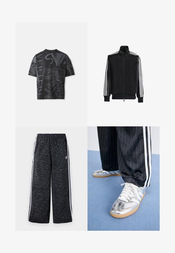 Melna režģa jakas ar rāvējslēdzēja priekšpusi, kam ir viendabīgas melnas piedurknes un trīs baltas svītras gar rokām. Ribota aproce un apakša.; Melna pārspīlēta T-krekls ar sarežģītām pelēkām grafikām, ieskaitot figūru un dekoratīvo elementu attēlus. Apaļa kakla izgriezums, īsās piedurknes.; adidas Originals GRAPHIC UNISEX - Treniņtērpa apakšdaļas - black; Metāliski sudraba sporta apavi ar baltām auklām un trim baltām svītrām, savienoti ar melnām svītrainām biksēm. Gumijas zole apakšā.