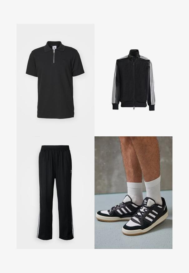 Jaqueta de malha preta com fecho zip, apresentando mangas pretas sólidas e três riscas brancas ao longo dos braços. Punhos e bainha canelados.; adidas Originals TREFOIL ESSENTIALS WAFFLE - Polo - black; Calças atléticas pretas com um cós elástico, apresentando riscas brancas laterais e um pequeno logótipo. O material parece macio e leve.; Ténis em preto e branco com upper em camurça e couro, apresentando três riscas brancas, um toe perfurado e uma sola em borracha de goma.