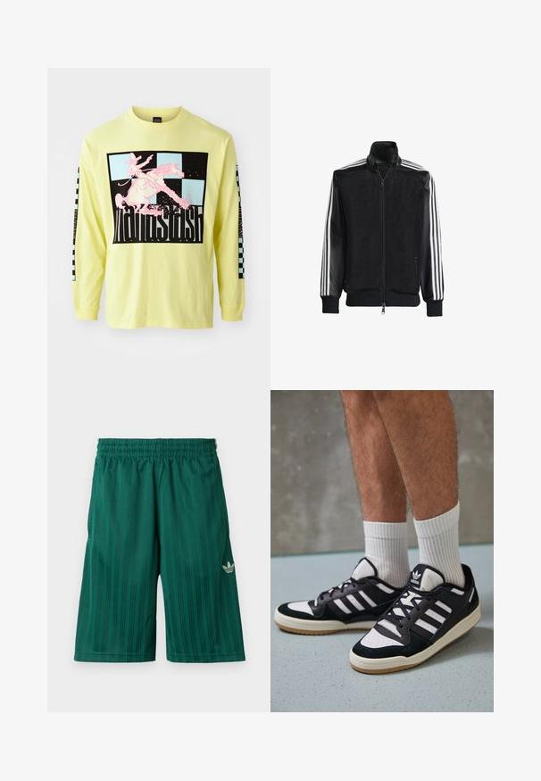 Melna režģa jakas ar rāvējslēdzēja priekšpusi, kam ir viendabīgas melnas piedurknes un trīs baltas svītras gar rokām. Ribota aproce un apakša.; Garā piedurkne, spilgti dzeltena kokvilnas T-kreklā ir liels melns grafiks ar rozā kovboju uz zirga un šaha rakstiem uz piedurknēm.; Zaļie sporta šorti ar vertikālām svītrām, elastīgu jostu un mazu baltu логотипu apakšējā labajā pusē. Izgatavoti no viegla materiāla.; Melnas un baltas kedas ar zamša un ādas augšdaļu, kas aprīkotas ar trim baltām svītrām, perforētu purngali un gumijas zolēm.