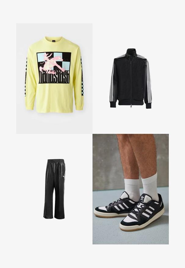 Black mesh jacket with a zip front, featuring solid black sleeves and three white stripes along the arms. Ribbed cuffs and hem.; Long-sleeve, bright yellow cotton t-shirt features a large black graphic with a pink cowboy on a horse and checkerboard patterns on the sleeves.; Black synthetic track pants with an elastic waistband, featuring white side stripes and a small white logo on the left hip.; Black and white sneakers with a suede and leather upper, featuring three white stripes, a perforated toe, and a gum rubber sole.