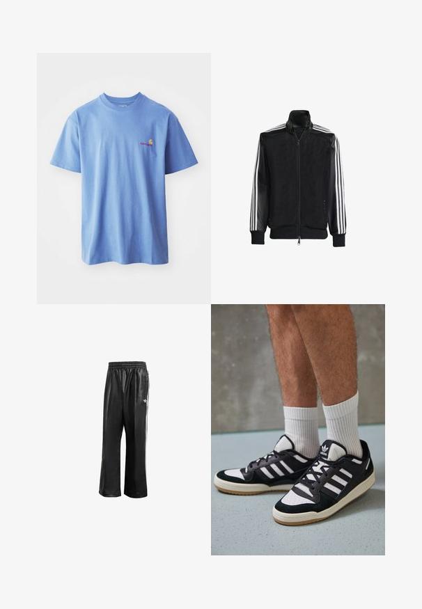 Melna režģa jakas ar rāvējslēdzēja priekšpusi, kam ir viendabīgas melnas piedurknes un trīs baltas svītras gar rokām. Ribota aproce un apakša.; Gaiši zila kokvilnas T-kreklā ar īsām piedurknēm un apaļu kakla izgriezumu. Uz kreisā krūšu apgabala atrodas neliels oranžs un sarkans logotips.; Melnas sintētiskas sporta bikses ar elastīgu jostasvietu, ar baltām sānu svītrām un mazu baltu logo kreisajā gurnā.; Melnas un baltas kedas ar zamša un ādas augšdaļu, kas aprīkotas ar trim baltām svītrām, perforētu purngali un gumijas zolēm.