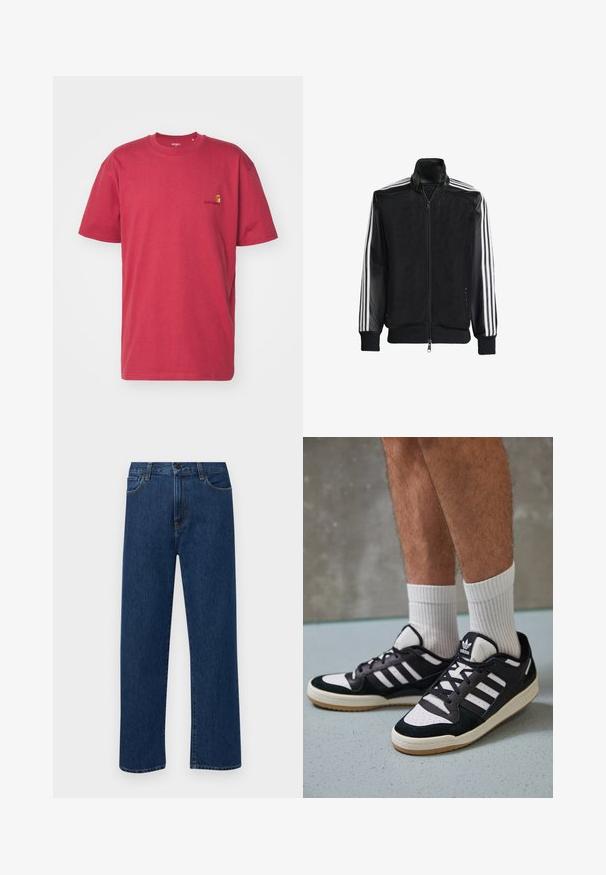 Črna mrežasta jakna z zadrgo spredaj, s trdnimi črnimi rokavi in tremi belimi črtami vzdolž rokavov. Rebrasti robovi in spodnji del.; Carhartt WIP AMERICAN SCRIPT - Navadna majica - tuscany; Temno modri jeans ravne krojenje z naprsnimi žepi in gumbom za zapiranje, prikazani na enostavni beli podlagi.; Črno-bele superge z zgornjim delom iz usnja in nubuka, ki imajo tri bele črte, perforiran vrh prstov in podplat iz gume.
