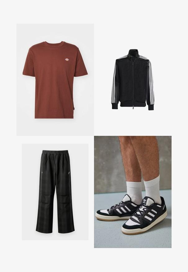 Čierna sieťovaná bunda so zipsom vpredu, s pevnými čiernymi rukávmi a tromi bielymi pruhmi po stranách rukávov. Žebrované manžety a spodný lem.; Hnedé bavlnené tričko s krátkymi rukávmi, okrúhlym výstrihom a malým logom na hrudi. Hladká textúra a rovný strih.; Čierne kockované nohavice s elastickým pásom, dvoma prednými vreckami a voľným strihom so rovnými nohavicami. Vyrobené z ľahkého materiálu.; Čierno-biele tenisky s vrchom z semišu a kože, s troma bielymi pruhmi, perforovanou špičkou a gumovou podrážkou.