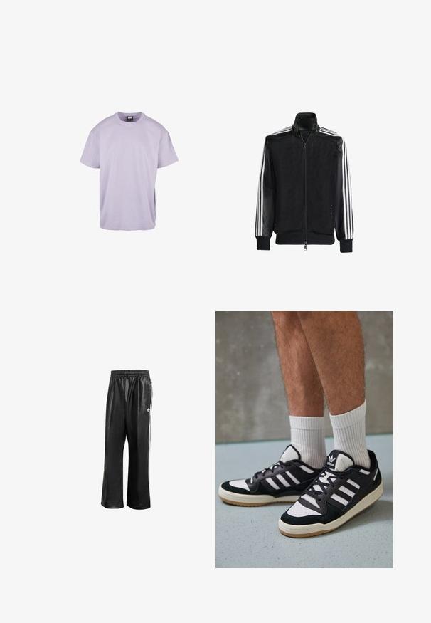 Černá síťovaná bunda na zip, s celými černými rukávy a třemi bílými pruhy podél rukávů. Hladké manžety a lem.; Levandulové bavlněné tričko s krátkým rukávem, kulatým výstřihem a volným střihem. Má jednoduchý design, hladkou texturu a jednobarevný vzhled.; Černé syntetické sportovní kalhoty s elastickým pasem, se bílými postranními pruhy a malým bílým logem na levém boku.; Černobílé tenisky s vrchní částí z semišové a kožené kůže, včetně tří bílých pruhů, perforovaného špičky a podrážky z gumy.