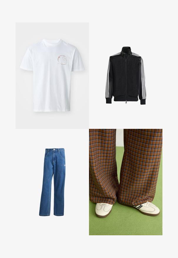 Black mesh jacket with a zip front, featuring solid black sleeves and three white stripes along the arms. Ribbed cuffs and hem.; White cotton t-shirt featuring a small brown spiral logo on the left chest, with short sleeves and a crew neck design.; Blue high-waist wide-leg denim jeans with front pockets, belt loops, button closure, and small Adidas logo on the right thigh.; Brown and blue plaid wide-leg trousers paired with white shoes featuring black accents and textured soles, set against a green background.