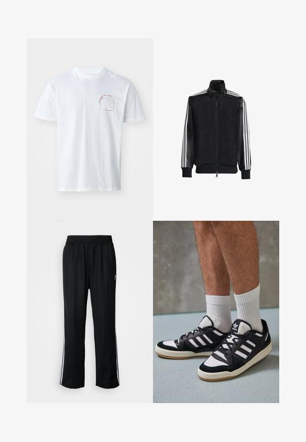 Schwarze Mesh-Jacke mit Reißverschluss vorne, die aus einem einfarbigen schwarzen Ärmeln und drei weißen Streifen an den Armen besteht. Gerippte Bündchen und Saum.; Weißes Baumwoll-T-Shirt mit einem kleinen braunen Spiral-Logo auf der linken Brust, kurzen Ärmeln und einem Rundhalsausschnitt.; Schwarze Sporthosen mit elastischem Bund, ausgestattet mit weißen Seitenstreifen und einem kleinen Logo. Das Material wirkt weich und leicht.; Schwarz-weiße Sneaker mit einem Obermaterial aus Wildleder und Leder, ausgestattet mit drei weißen Streifen, einer perforierten Zehenpartie und einer Sohle aus Gummi.