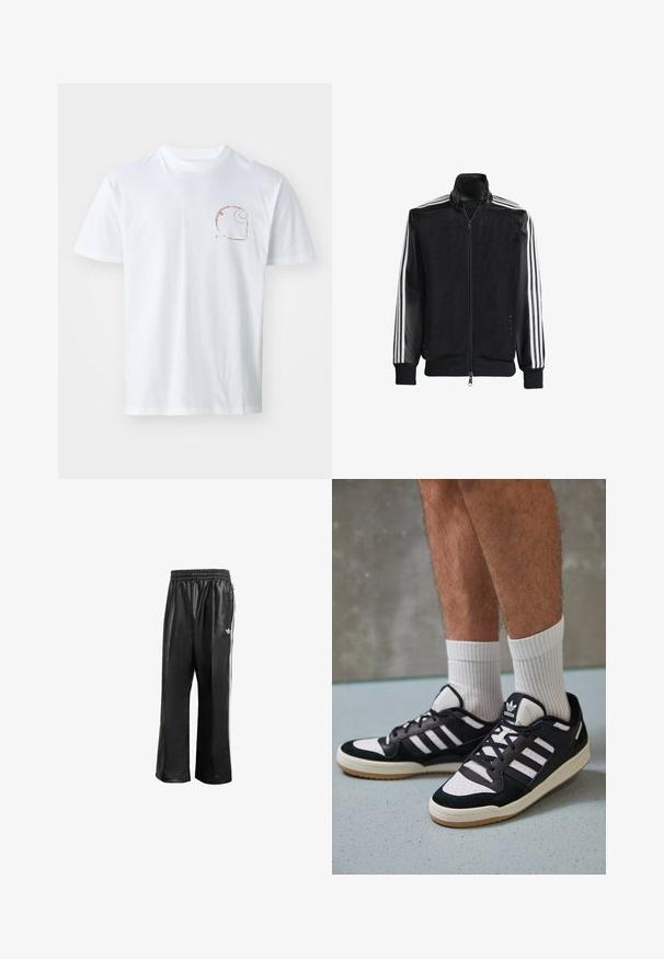 Czarna siateczkowa kurtka z zamkiem z przodu, z jednolitymi czarnymi rękawami i trzema białymi paskami wzdłuż ramion. Prążkowane mankiety i dół.; Biała bawełniana koszulka z krótkim rękawem, posiadająca małe brązowe logo w kształcie spirali po lewej stronie na piersi, z okrągłym dekoltem.; Czarne syntetyczne spodnie dresowe z elastycznym pasem, z białymi paskami po bokach i małym białym logo na lewym biodrze.; Czarno-białe sneakersy z zamszową i skórzaną cholewką, z trzema białymi paskami, perforowanym czubkiem i gumową podeszwą w kolorze gumy.