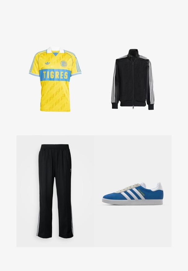 Jaqueta de malha preta com fecho zip, apresentando mangas pretas sólidas e três riscas brancas ao longo dos braços. Punhos e bainha canelados.; Camisola de futebol amarela com faixa horizontal azul, apresenta o texto "TIGRES", logótipo bordado e detalhes de ombro listrados. Fabricada em tecido suave.; Calças atléticas pretas com um cós elástico, apresentando riscas brancas laterais e um pequeno logótipo. O material parece macio e leve.; adidas Originals ADIDAS GAZELLE SHOES - Botas de futebol de salão - real madrid/bluebird/footwear white/crew yellow