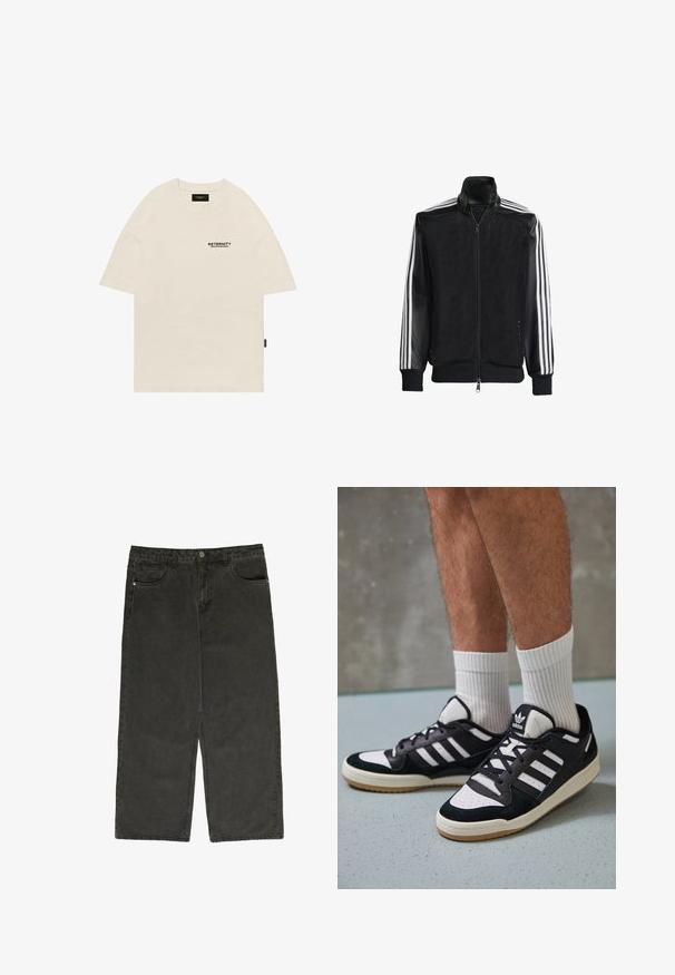 Črna mrežasta jakna z zadrgo spredaj, s trdnimi črnimi rokavi in tremi belimi črtami vzdolž rokavov. Rebrasti robovi in spodnji del.; Bež majica iz bombaža s krojem u obliku jastučića, širokog dizajna i crnim otisnutim logotipom na lijevoj strani prsa. Kratki rukavi ravnog kroja.; Črne široke denim hlače z visokim pasom, petimi žepi in gumbom za zapiranje. Mehka tekstura in ravna kroja.; Črno-bele superge z zgornjim delom iz usnja in nubuka, ki imajo tri bele črte, perforiran vrh prstov in podplat iz gume.