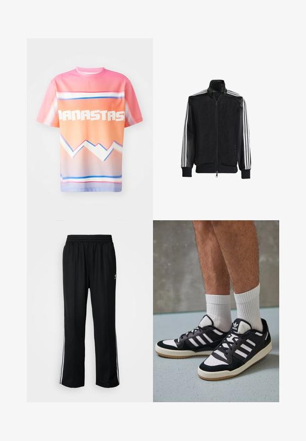 Black mesh jacket with a zip front, featuring solid black sleeves and three white stripes along the arms. Ribbed cuffs and hem.; Short-sleeve, lightweight t-shirt in gradient shades of pink and orange, featuring bold white text and geometric blue and white patterns.; Black athletic pants with an elastic waistband, featuring white side stripes and a small logo. Material appears soft and lightweight.; Black and white sneakers with a suede and leather upper, featuring three white stripes, a perforated toe, and a gum rubber sole.