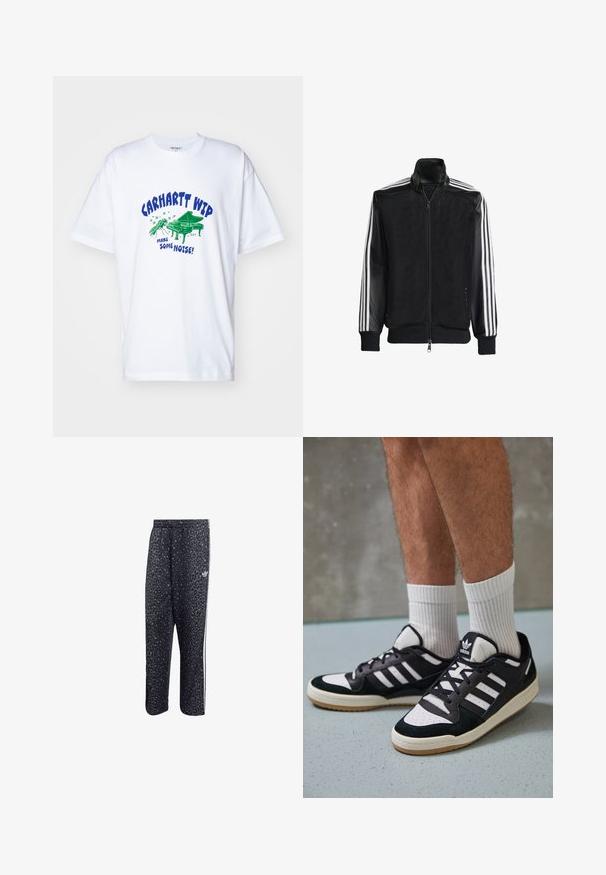 Jachetă din plasă neagră, cu fermoar față, având mâneci negre solide și trei dungi albe pe brațe. Manșete și tiv cu nervuri.; Carhartt WIP NOISE - Tricou cu imprimeu - white; Pantaloni de sport negri cu un model din leopard, având un design cu trei dungi albe și un logo al brandului sportiv pe lateral.; Adidași negri și albi cu un superior din suede și piele, prevăzuți cu trei dungi albe, un vârf perforat și o talpă din cauciuc caramel.