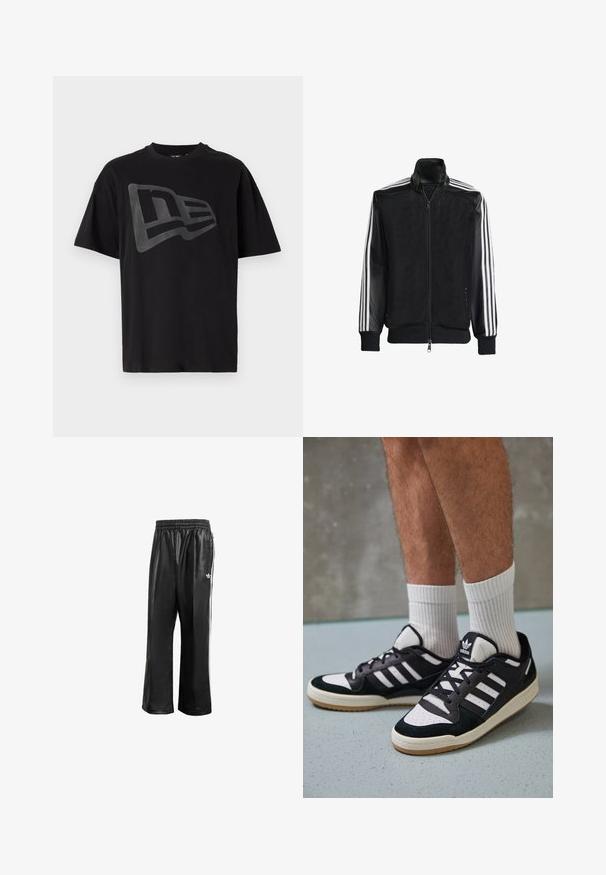 Melna režģa jakas ar rāvējslēdzēja priekšpusi, kam ir viendabīgas melnas piedurknes un trīs baltas svītras gar rokām. Ribota aproce un apakša.; Melnas kokvilnas T-krekls ar lielu, matētu melnu logo grafiku uz priekšpuses. Īsas piedurknes un brīvs piegriezums. Gluda tekstūra.; Melnas sintētiskas sporta bikses ar elastīgu jostasvietu, ar baltām sānu svītrām un mazu baltu logo kreisajā gurnā.; Melnas un baltas kedas ar zamša un ādas augšdaļu, kas aprīkotas ar trim baltām svītrām, perforētu purngali un gumijas zolēm.