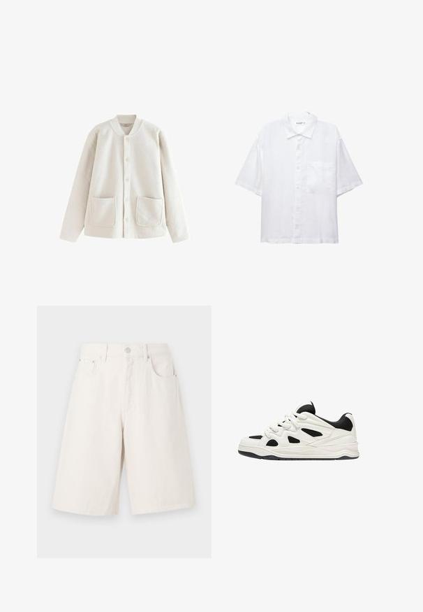 Krém színű polárdzseki kerek gallérral, gombos elülső részen, két elülső zsebbel és puha tapintással. Kényelmes, laza változat.; Fehér, rövid ujjú ing gombos elülső résszel, gallérral és egyetlen mellzsebbel. Könnyű anyagból készült, sima textúrával.; Világos bézs farmer sort, laza szabással, elülső zsebekkel, cipzáras sliccel és fémből készült gombos záródással.; Fehér és fekete sportcipők, texturált talppal, oldalt kivágott mintákkal és fűzős megoldással, valamint párnázott hátsó résszel a támasz érdekében.