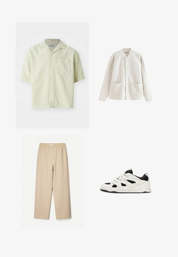 Krémová fleecová bunda s kulatým límcem, zapínáním na knoflíky, dvěma předními kapsami a měkkou texturou. Pohodlný, volný střih.; Košile s krátkým rukávem v světle zelené barvě s pruhovaným vzorem, jednou náprsní kapsou a knoflíkovým zapínáním. Vyrobena z prodyšné látky s volným střihem.; Beige kalhoty širokého střihu s elastickým pasem, vyrobené z měkké tkaniny, s hladkým povrchem a minimálním počtem švů.; Bílé a černé sportovní boty s texturovanou podrážkou, s výřezovými vzory na bocích a tkaničkami, a měkkým zadním dílem pro podporu.