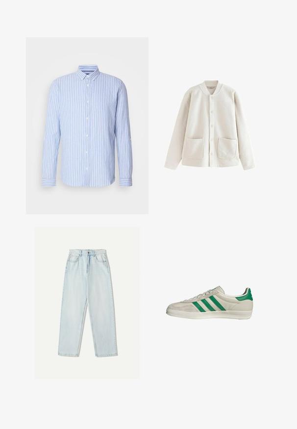 cremfarbene Fleecejacke mit rundem Kragen, Knopfleiste, zwei vorderen Taschen und weicher Textur. Lässiger, lockerer Schnitt.; Hellblau-weißer gestreifter Langarmshirt mit Button-Down-Kragen, ausgestattet mit einer Vorderblende mit weißen Knöpfen und Akzenten an den Bündchen.; Helle blaue Denim-Jeans mit lässiger Passform, geradem Beindesign, Fünf-Taschen-Stil und dezentem Verblassen des Stoffes.; Beige Sneaker mit grünen Streifen, ausgestattet mit einer weißen Sohle und einem Obermaterial aus glattem Leder. Seitenansicht, die die Schnürdetails und das Logo hervorhebt.