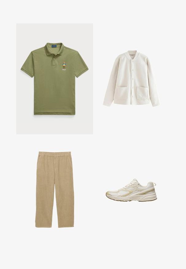 Krémová fleecová bunda s kulatým límcem, zapínáním na knoflíky, dvěma předními kapsami a měkkou texturou. Pohodlný, volný střih.; Olivově zelené polo tričko vyrobené z bavlny, s malým vyšitým designem medvídka na hrudi a klasickým límečkem se dvěma knoflíky.; Béžové kordové kalhoty s širokým střihem, elastickým pasem a dvěma postranními kapsami. Vyznačují se vertikální jemnou strukturou.; Bílé sportovní boty vyrobené z prodyšné síťoviny a syntetického materiálu, s zaoblenou špičkou, měkčenou podrážkou a béžovými akcenty po stranách.