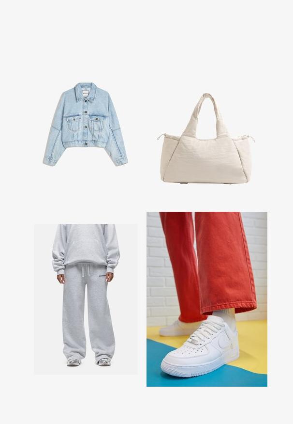 Lichtblauwe cropped spijkerjack met twee borstzakken, knoopsluiting en een puntige kraag. Kenmerkt zichtbare stiksels en een ontspannen pasvorm.; Zwarte oversized hoodie van zacht materiaal, met een kangoeroezak, trekkoord en subtiele reliëfdruk van het logo op de borst.; Grijze sweatshirt met een losse pasvorm en oversized mouwen, gecombineerd met bijpassende wijde sweatpants. Beide hebben een zachte textuur en minimale logo-details.; Witte leren sneaker met geperforeerde teenbox, gestructureerde zool en witte veters, gecombineerd met wijde rode broeken en een blauw-geel achtergrond.; Beige gevoerde schoudertas met twee handvatten, ronde vorm, textuurstof en een trekkoord zijvak. Gladde afwerking, minimalistisch ontwerp.