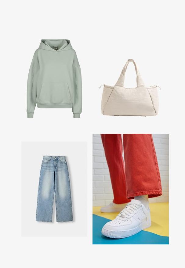 Giacca di jeans cropped blu chiaro con due tasche sul petto, chiusura con bottoni e colletto a punta. Presenta cuciture visibili e una vestibilità rilassata.; Felpa verde chiaro con tasca a marsupio, polsini e orlo a coste, e un ampio cappuccio regolabile. Realizzata in un tessuto morbido e confortevole.; Jeans a gamba larga in denim blu chiaro con vita alta, caratterizzati da una finitura sbiadita, cinque tasche e una vestibilità dritta.; Sneaker bianco in pelle con punta perforata, suola testurizzata e lacci bianchi, abbinati a pantaloni rossi larghi e uno sfondo blu e giallo.; Borsa a tote beige trapuntata con due manici, forma arrotondata, tessuto testurizzato e tasca laterale con coulisse. Finitura liscia, design minimale.