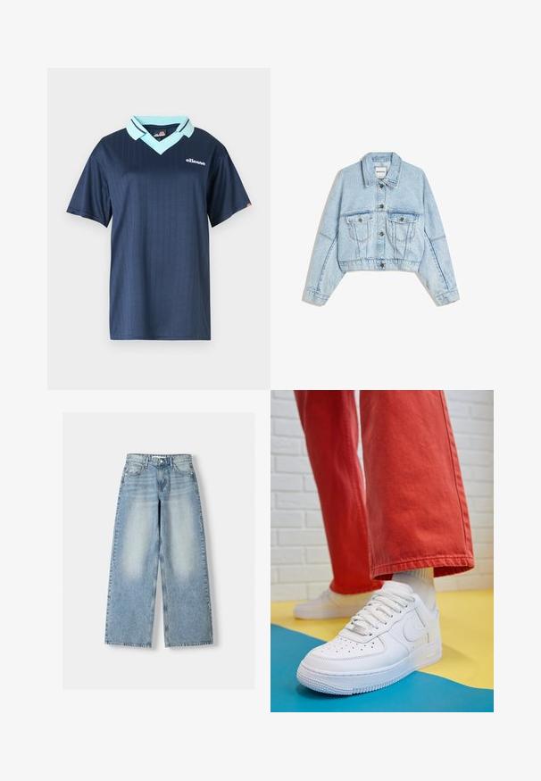 Lichtblauwe cropped spijkerjack met twee borstzakken, knoopsluiting en een puntige kraag. Kenmerkt zichtbare stiksels en een ontspannen pasvorm.; Donkerblauwe polo met korte mouwen, voorzien van een lichte blauwe kraag en een verticale streepjespatroon. Heeft een wit merklogo op de borst.; Lichtblauwe denim wijde jeans met een hoge taille, met een vervaagde afwerking, vijf zakken en een rechte cut.; Witte leren sneaker met geperforeerde teenbox, gestructureerde zool en witte veters, gecombineerd met wijde rode broeken en een blauw-geel achtergrond.