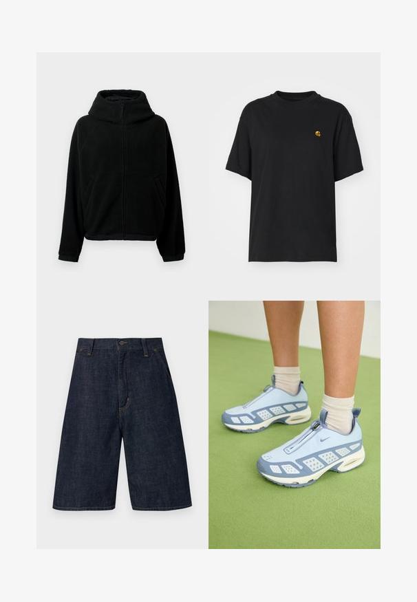 Svart fleecejakke med hel glidelås, høy krage, lange ermer, elastiske mansjetter og to sidelommer.; Svart bomulls t-skjorte med løs passform. Har rund hals og korte ermer. Inkluderer en liten gullbrodert logo på brystet.; Mørkeblå denimshorts med strak passform, med knappelukking, fem lommer og synlig gul søm langs sømmene.; Lyseblå treningssko med hvite detaljer, strukturerte paneler og glidelås. Har en synlig luftputesåle og gummisåle.