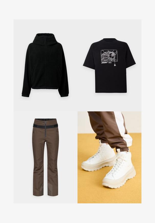Zwarte fleecejack met volle ritssluiting aan de voorkant, hoge kraag, lange mouwen, elastische manchetten en twee zijzakken.; Zwarte T-shirt van katoen met korte mouwen. Voorzien van een witte spinnenwebgrafiek en logo op de voorkant. Eenvoudige ronde halslijn.; Bruine geïsoleerde broek met een hoge tailleband, zwarte ritssluiting, zijzakken en versterkte onderste randen voor duurzaamheid.; Witte hoge sneakers met een chunky, gestructureerde zool, voorzien van een gladde bovenkant, ronde neus en tonale veters, tegen een gele achtergrond.