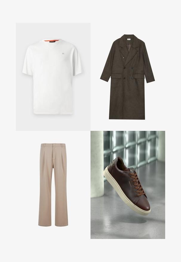 Kétgombos, hosszú kabát sötétbarna gyapjúkeverékből, kiemelkedő gallérral, két elülső zsebbel és fekete gombokkal. Simára csiszolt textúra.; Barna kötött pulóver texturált mintával, bordázott kerek nyakkal és hosszú ujjaival. Puha, meleg anyagból készült.; Egyszerű, fehér, rövid ujjú, kerek nyakú póló, bal mellrészén egy apró, diszkrét logóval és narancssárga részlettel a gallér belső részén.; Beige, sima anyagból készült, plisszírozott nadrág, egyenes láb kialakítással, gombos záródással és diszkrét varrási részletekkel.; Barna bőr sportcipő lekerekített orral, barna fűzőkkel és bézs gumitalppal. Az oldalon minimális márkázás található.