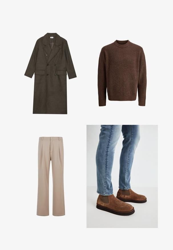 Manteau long à double boutonnage en mélange de laine brun foncé, avec un col à revers, deux poches avant et des boutons noirs. Texture lisse.; Pull en tricot marron avec un motif texturé, encolure ras du cou côtelée et manches longues. Fabriqué en matériau doux et chaud.; Pantalons plissés beiges en tissu lisse avec une coupe droite, dotés d'une fermeture à bouton et de détails de couture subtils.; Bottines en daim marron avec des panneaux latéraux élastiques, semelles en caoutchouc noir épais, associées à un jean slim bleu clair.