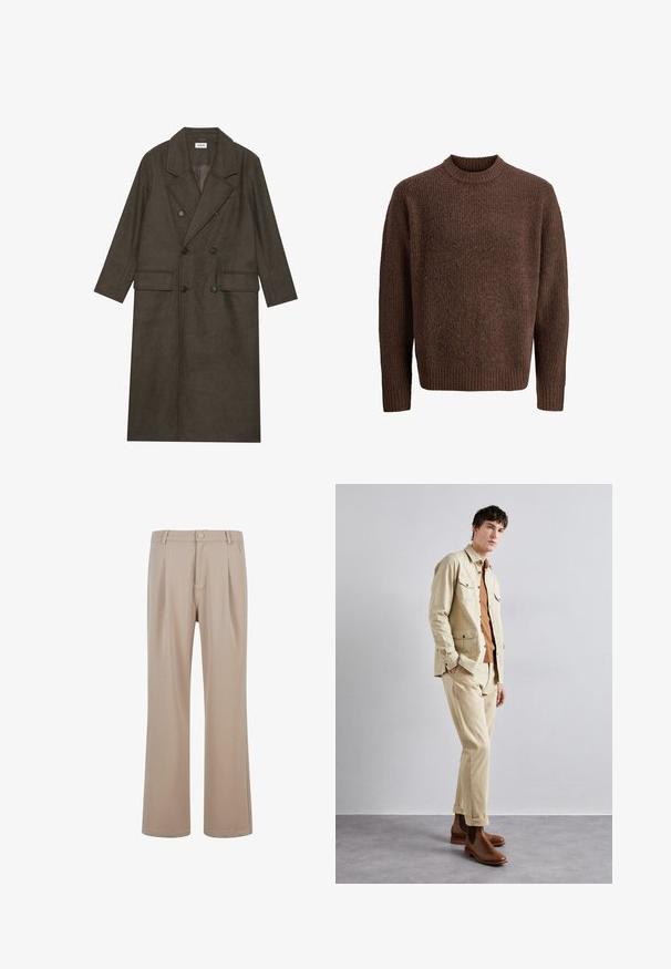 Kétgombos, hosszú kabát sötétbarna gyapjúkeverékből, kiemelkedő gallérral, két elülső zsebbel és fekete gombokkal. Simára csiszolt textúra.; Barna kötött pulóver texturált mintával, bordázott kerek nyakkal és hosszú ujjaival. Puha, meleg anyagból készült.; Beige, sima anyagból készült, plisszírozott nadrág, egyenes láb kialakítással, gombos záródással és diszkrét varrási részletekkel.; Beige pamut dzseki két mellzsebbel egy barna ing felett, és hozzáillő bézs nadrággal. Barna bőr bokacsizmák teszik teljessé az öltözéket.