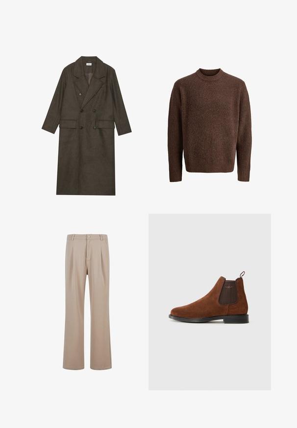 Palton lung cu două rânduri de nasturi dintr-un amestec de lână de culoare maro închis, având un guler cu tăietură, două buzunare frontale și nasturi negri. Textură netedă.; Pulover tricotat maro cu un model texturat, guler rotund ribat, și mâneci lungi. Fabricat dintr-un material moale și cald.; Pantaloni bej plisati dintr-un material neted, cu un design pe picior drept, având închidere cu buton și detalii de coasere subtile.; Cizme Chelsea din nubuc maro, cu panou elastic pe lateral, buclă la spate, talpă neagră și logo-ul subtil "GANT" pe panoul lateral.