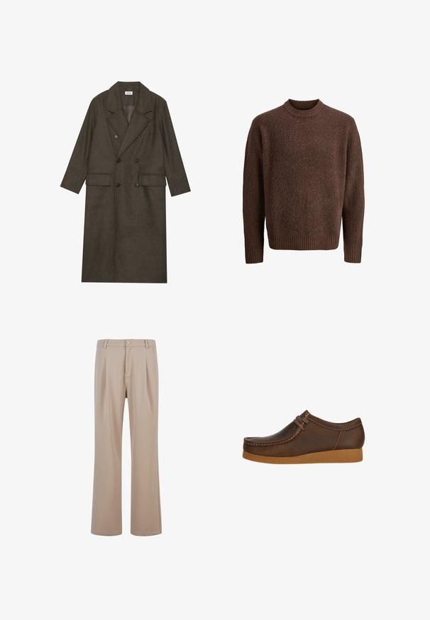 Abrigo largo de doble botonadura en mezcla de lana marrón oscuro, con cuello notch, dos bolsillos frontales y botones negros. Textura suave.; Suéter de punto marrón con un patrón texturizado, cuello redondo acanalado y mangas largas. Fabricado con un material suave y cálido.; Pantalones de chándal beige con tela suave y diseño de pierna recta, que cuentan con un cierre de botón y detalles de costura sutiles.; Zapato de cuero marrón con punta redondeada y detalles cosidos, que presenta un cordón marrón y una suela de goma texturizada color beige.