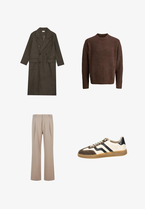 Kétgombos, hosszú kabát sötétbarna gyapjúkeverékből, kiemelkedő gallérral, két elülső zsebbel és fekete gombokkal. Simára csiszolt textúra.; Barna kötött pulóver texturált mintával, bordázott kerek nyakkal és hosszú ujjaival. Puha, meleg anyagból készült.; Beige, sima anyagból készült, plisszírozott nadrág, egyenes láb kialakítással, gombos záródással és diszkrét varrási részletekkel.; Krém bőr felsőrésszel, barna velúr orral és fekete csíkos részletekkel ellátott sportcipők. Texturált gumitalp, melynek színe rágógumi. Lapos fűzők.