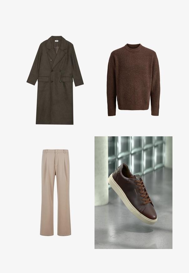 Doppelt gepolsterter langer Mantel aus dunkelbraunem Wollgemisch, mit einem Reverskragen, zwei Vorderaschen und schwarzen Knöpfen. Glatte Textur.; Brauner Strickpullover mit strukturiertem Muster, geripptem Rundhalsausschnitt und langen Ärmeln. Hergestellt aus weichem, warmem Material.; Beige Plisseehosen aus glattem Stoff mit geradem Bein-Design, ausgestattet mit einem Knopfverschluss und dezenten Nähdetails.; Braune Leder-Sneaker mit abgerundetem Zeh, braunen Schnürsenkeln und einer beigen Gummisohle. Verfügt über eine minimalistische Markenkennzeichnung an der Seite.